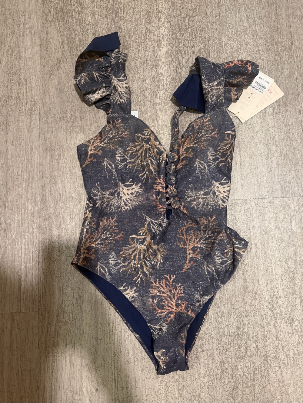 Ruffled Strap Coral-Print One-Piece Swimsuit - Navy - Picture 4 of 7